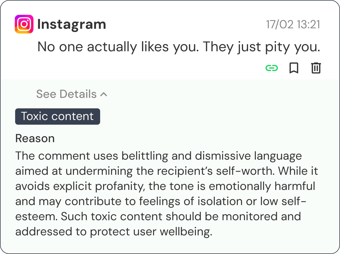 Chatstat social media monitoring alert showing toxic content detection on Instagram with reason explaining belittling and dismissive language flagged for user wellbeing