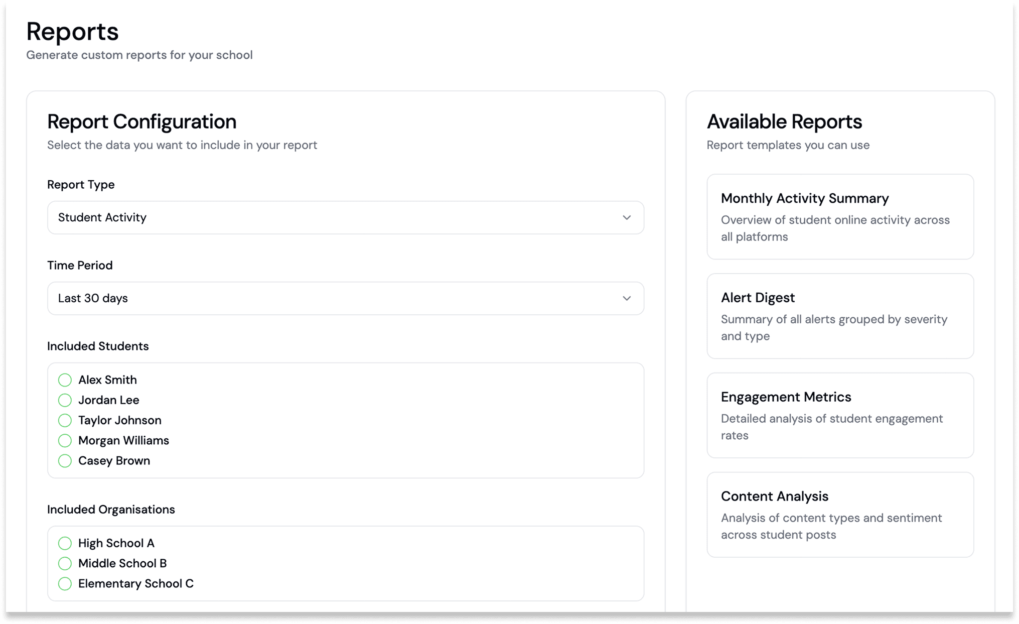 Customized reporting interface for K–12 schools showing student activity summaries, engagement metrics, and online reputation monitoring to support proactive school communications.