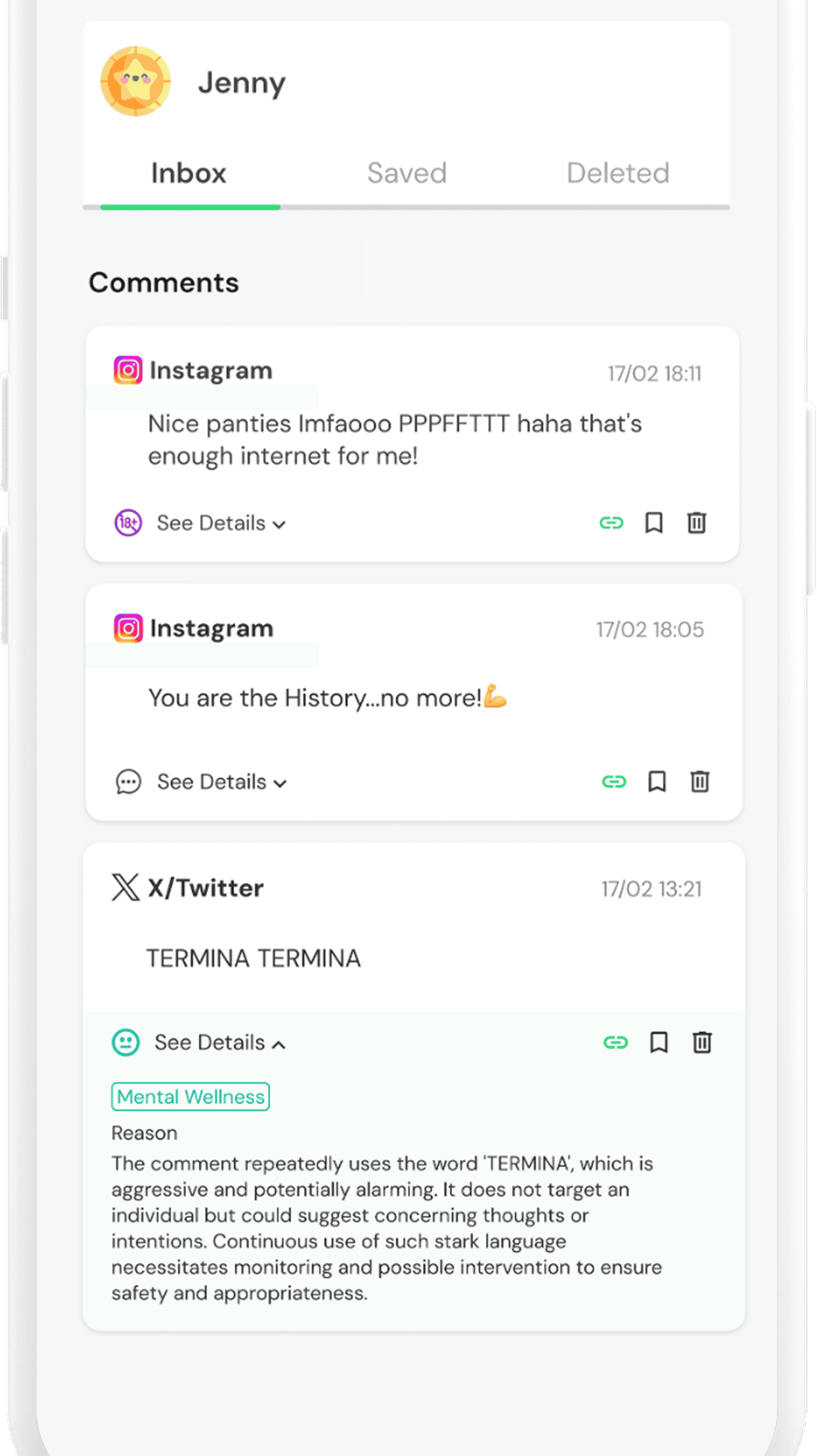 Chatstat parental monitoring app showing AI-powered activity scanning that flags cyberbullying, self-harm indicators, and risky behavior across Instagram and X.