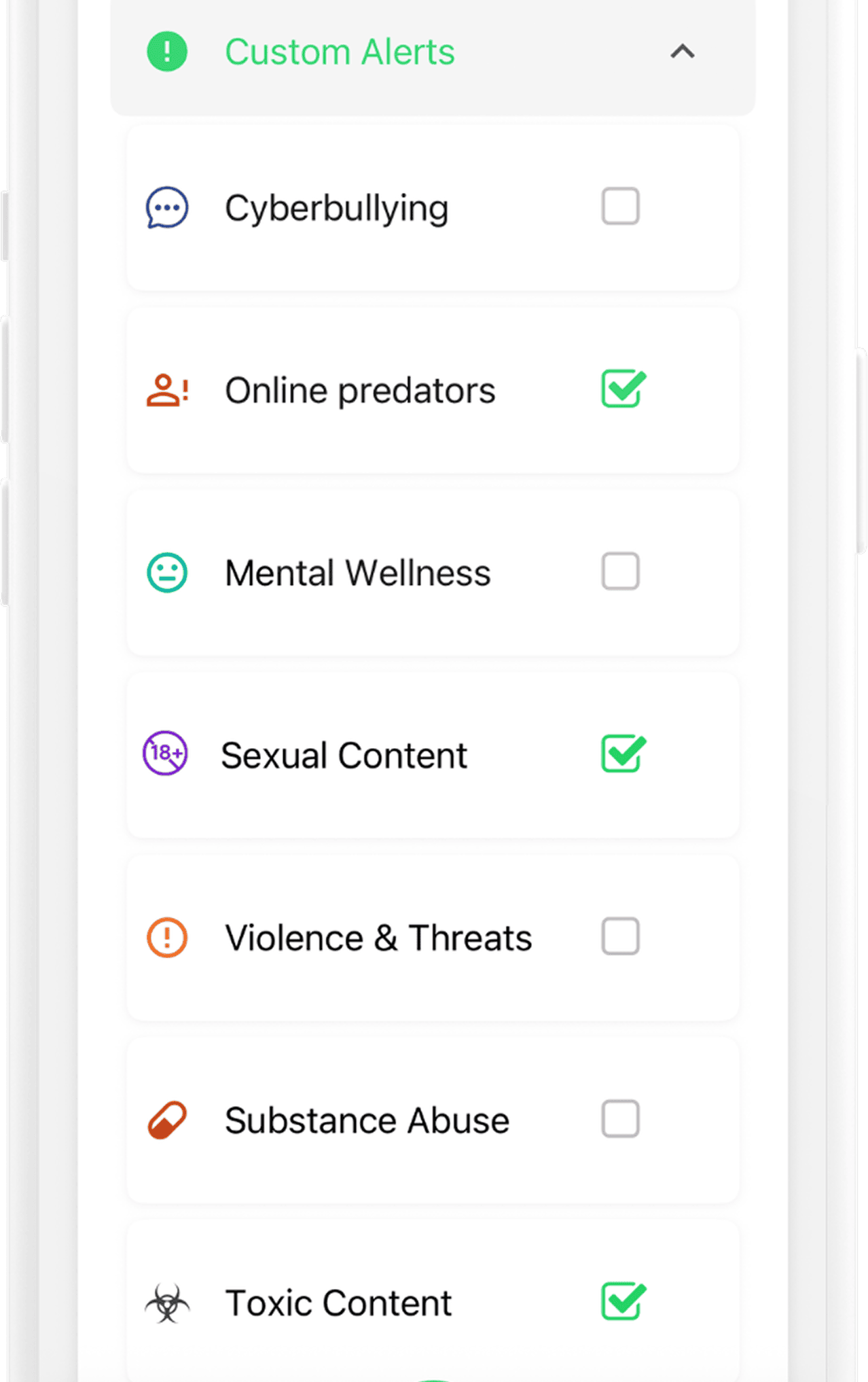 Chatstat parental monitoring app showing customizable alerts for cyberbullying, online predators, mental health risks, violence, and explicit content across social media platforms.