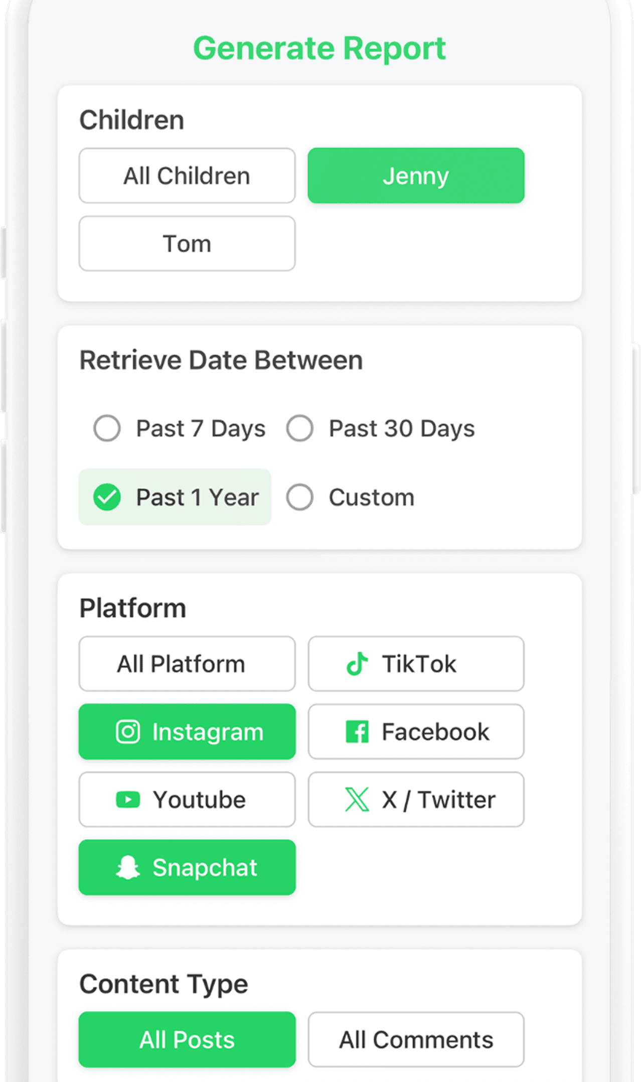 Chatstat parental monitoring app showing personalized social media reports with engagement metrics, platform filters, and trend analysis across Instagram, TikTok, Snapchat, and more.