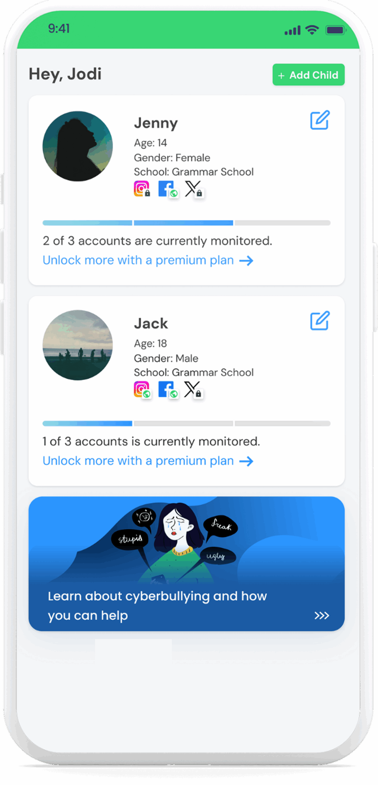 Chatstat parental monitoring app displaying child privacy protection features, including social media account tracking, visibility changes, and real-time privacy alerts.