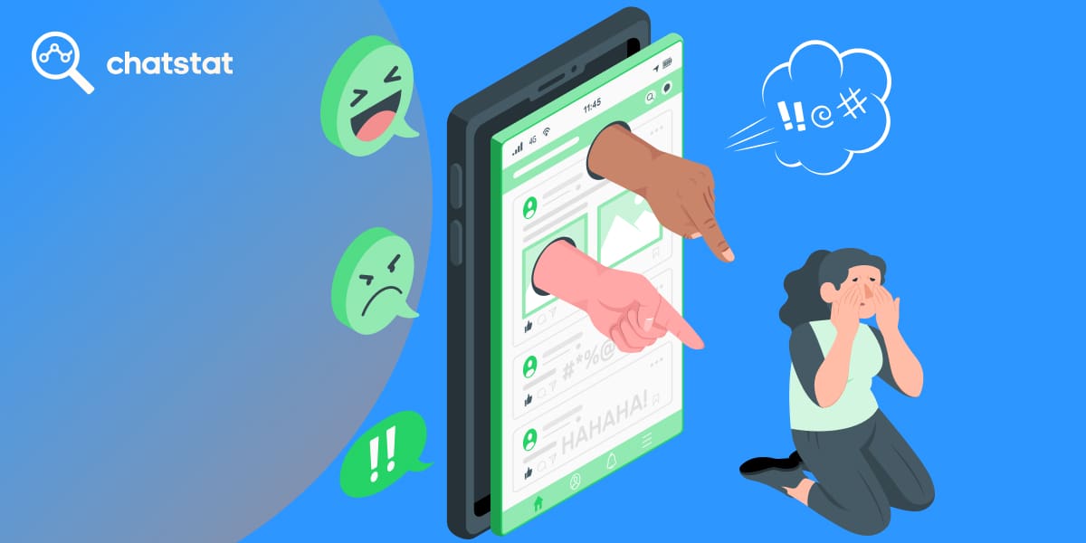 Illustration of cyberbullying on social media: A distressed girl kneels, covering her face, while hands emerge from a smartphone screen pointing at her. Angry and laughing reaction emojis symbolize online harassment. Chatstat logo represents social media monitoring for online safety.